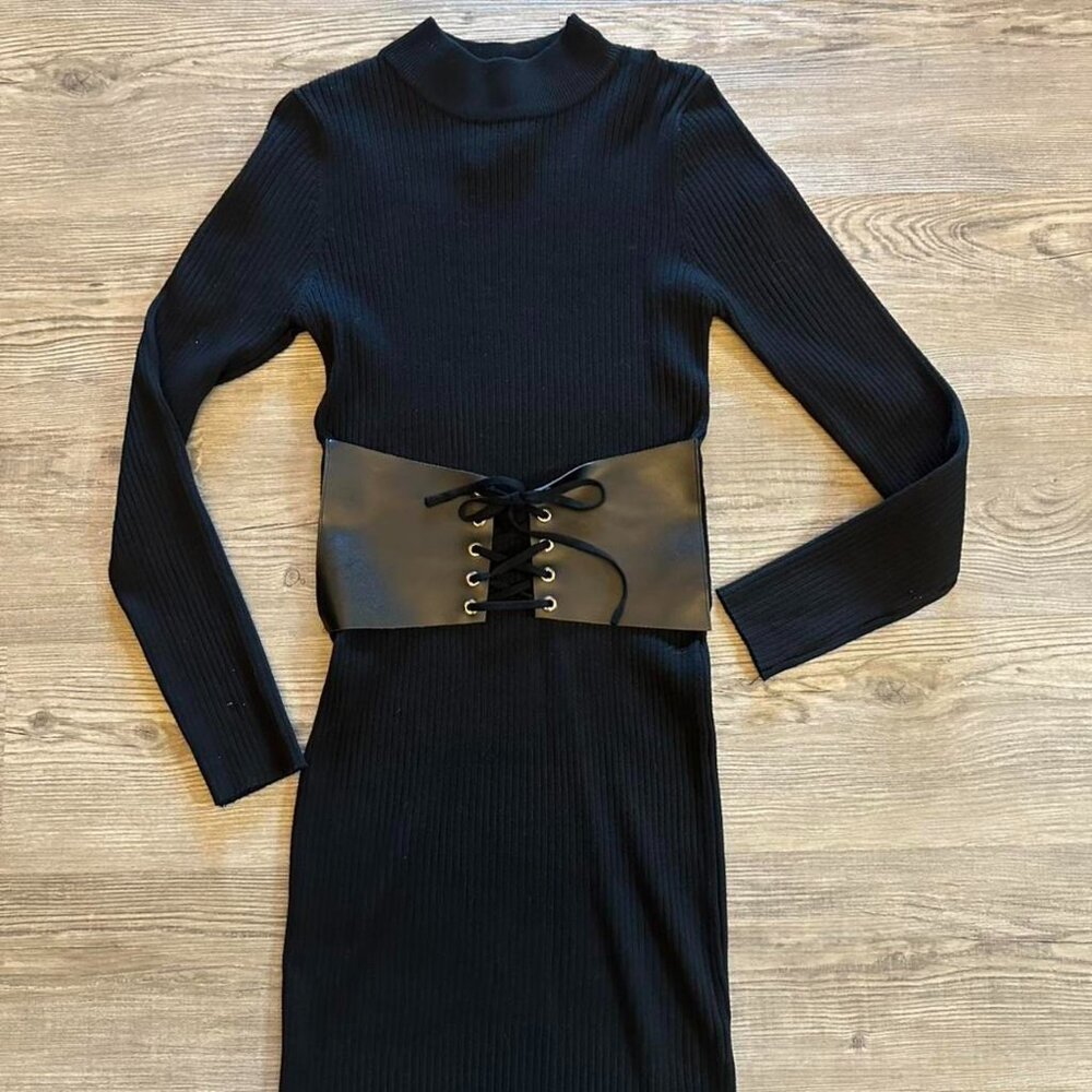 Black faux leather lace-up belt sweater dress.